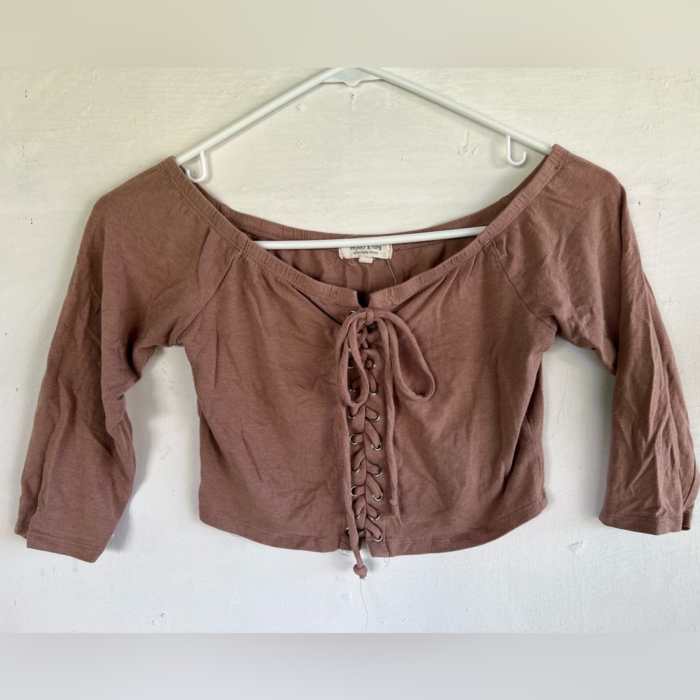 Heart & Hips Beige Off-the-Shoulder Lace-Up Crop Top